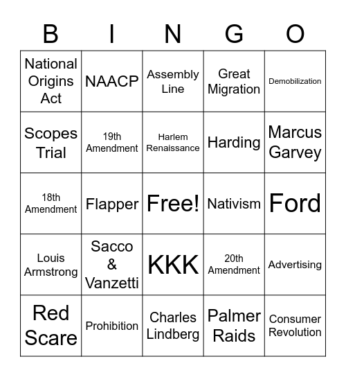 1920s Bingo Card