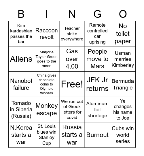 2022 Bingo Card