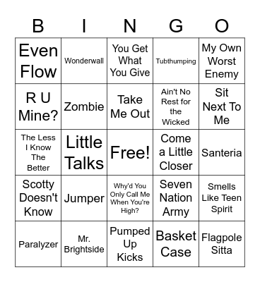 Alt Rock Bingo Card
