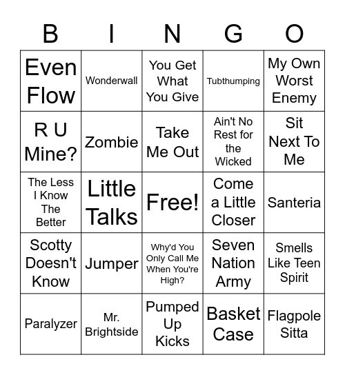 Alt Rock Bingo Card