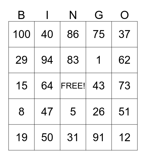 Number Bingo Card
