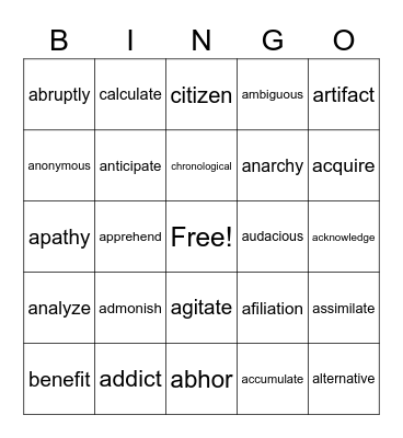 MTSS Vocabulary Bingo Card