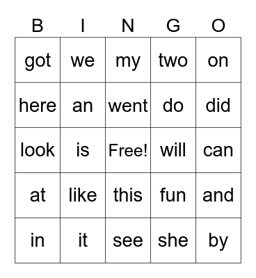 Sight Word Bingo Card