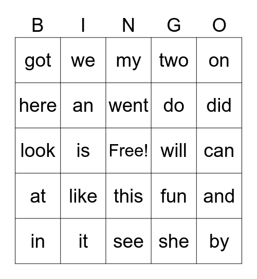Sight Word Bingo Card