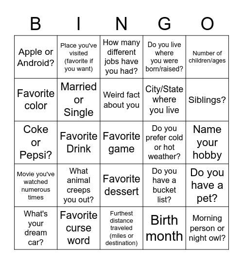 Let's Not Talk About Work! Bingo Card