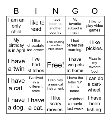 Find A Friend Bingo Card