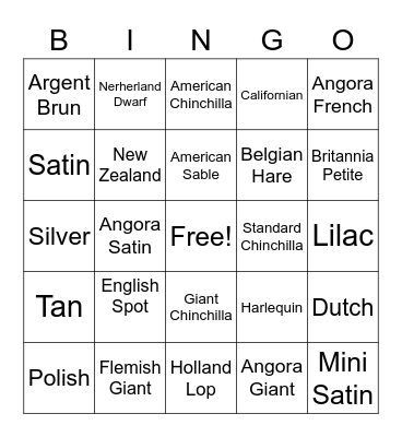 ARBA Breeds Bingo Card