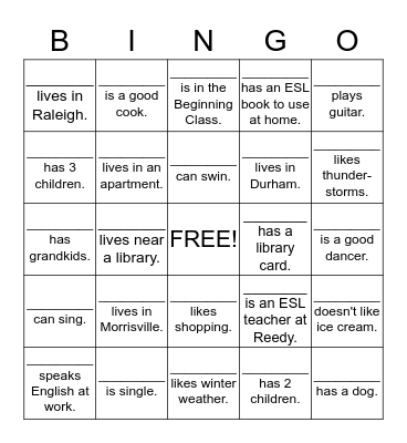 Reedy Creek ESL BINGO Card
