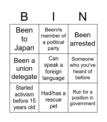 Getting to know you Bingo Card