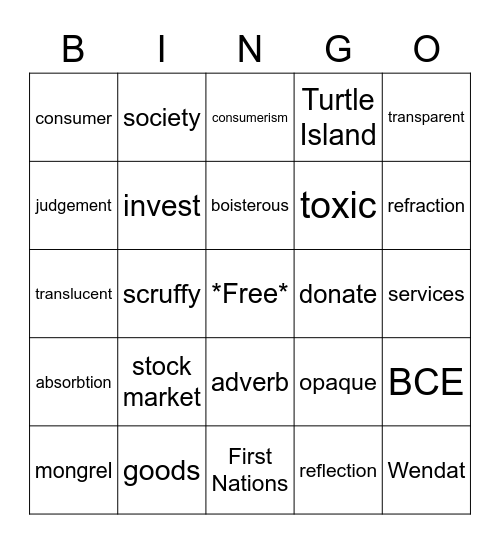 Vocabulary Bingo Card