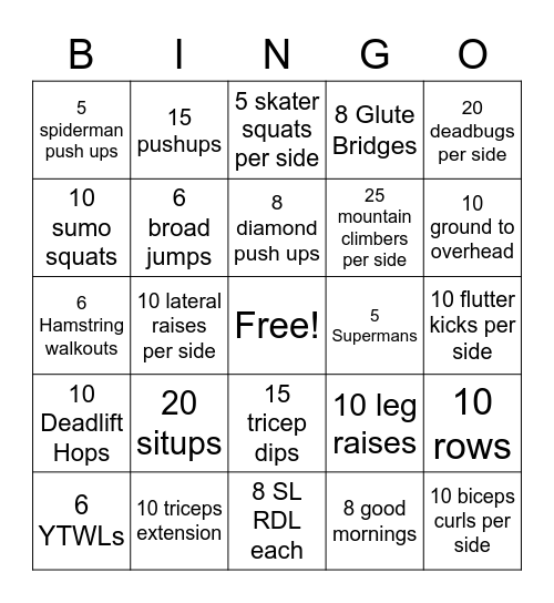 Liquid Exercise Bingo! Bingo Card