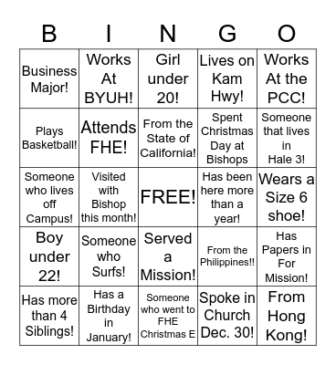 FAMILY HOME EVENING Bingo Card