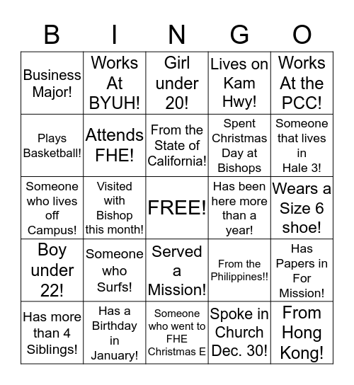 FAMILY HOME EVENING Bingo Card