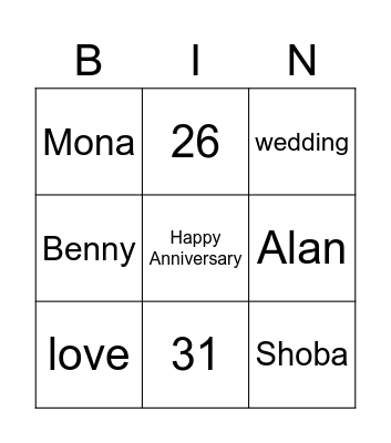 Wedding Anniversary Bingo Card