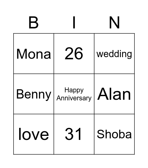 Wedding Anniversary Bingo Card