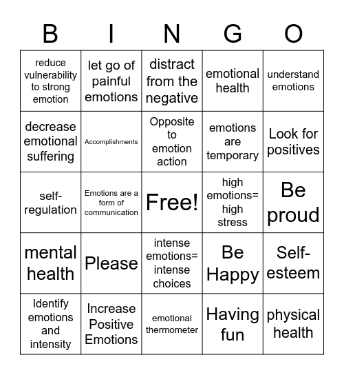 Emotional Regulation Bingo Card