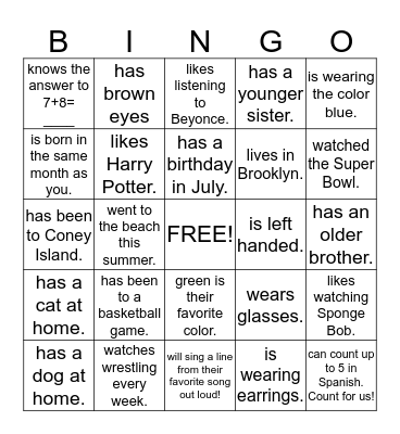 GETTING TO KNOW YOU Bingo Card