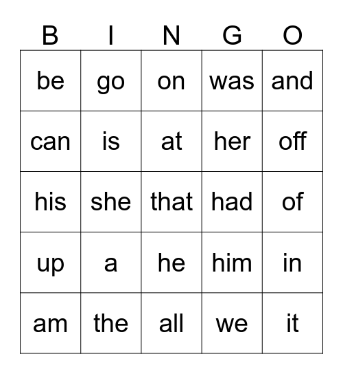 SIGHT WORD BINGO! Bingo Card