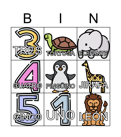 Animales-Cognados+Números Bingo Card