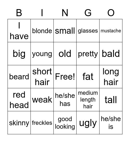 Las descripciones físicas Bingo Card