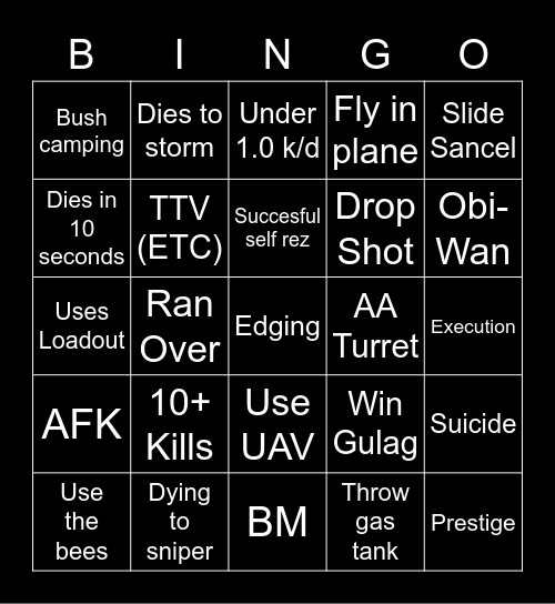 Warzone Bingo Card