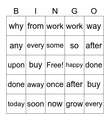 Unit 3 HFW Bingo Card