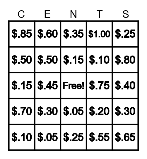 THAT MAKES CENTS!  X5 COINS Bingo Card