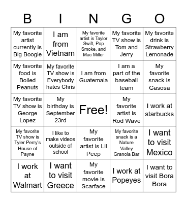 2nd period getting to know you bingo cards Bingo Card