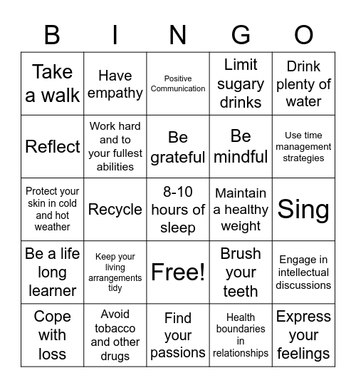 7 Areas of Health and Wellness Bingo Card