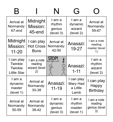 4th Grade Band Bingo Bonus Rehearsal Bingo Card