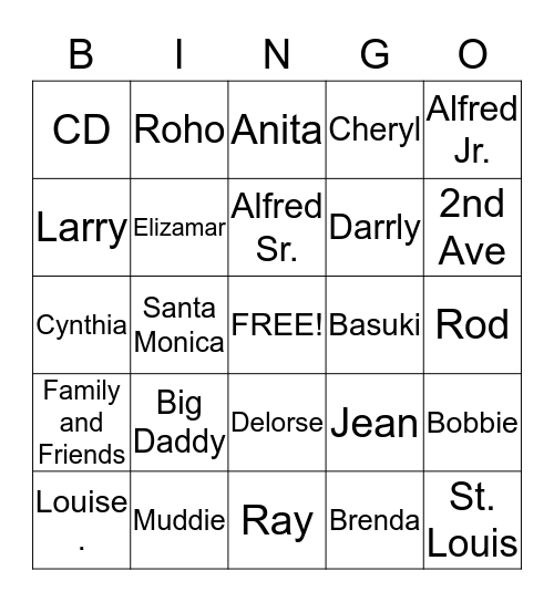 The Davis Family and Friends Bingo Card