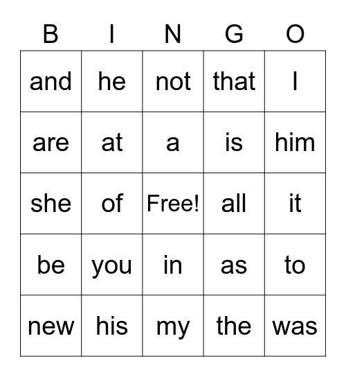 Primary One/Two - Common Words Bingo Card