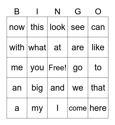 Sight Words 1 Bingo Card