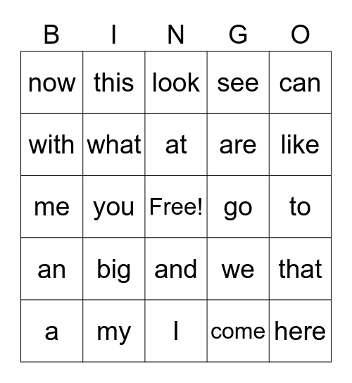 Sight Words 1 Bingo Card