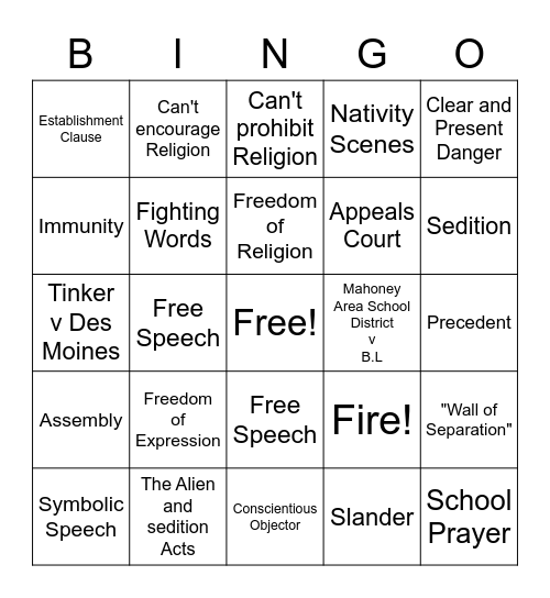 First Amendment Freedoms! Bingo Card