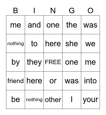 Sight Words Bingo Card