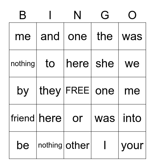 Sight Words Bingo Card