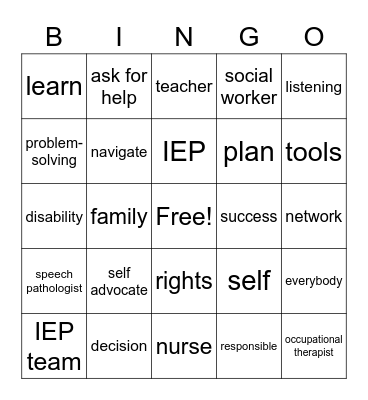 Self-Advocacy Words Bingo Card