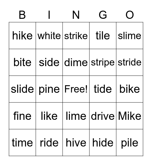 Long i Silent e Bingo Card