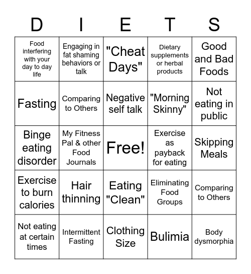Diet Culture & Disordered Eating Bingo Card