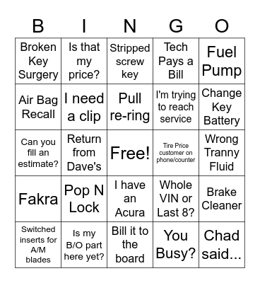 Parts Dept. Bingo! Bingo Card