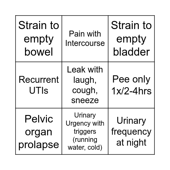 Pelvic Floor Bingo Card