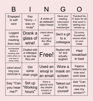 Remote Work Bingo Card