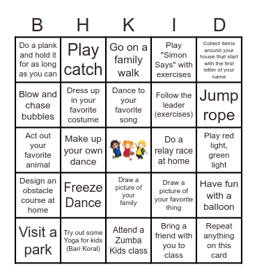 Zumba Kids BINGO Card