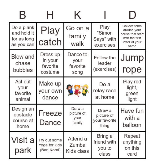 Zumba Kids BINGO Card