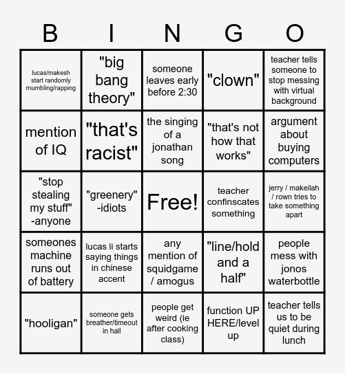 classroom bingo Card