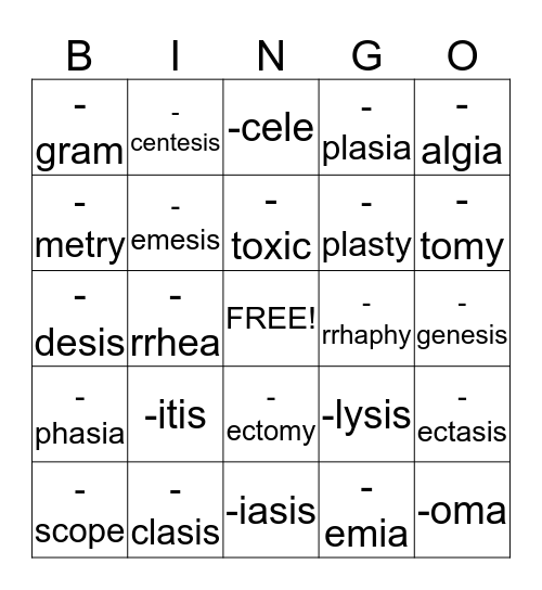 Suffixes Bingo Card