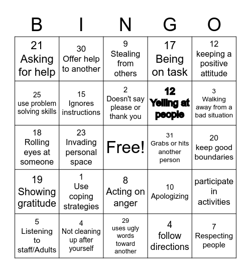 Behavioral Bingo Card