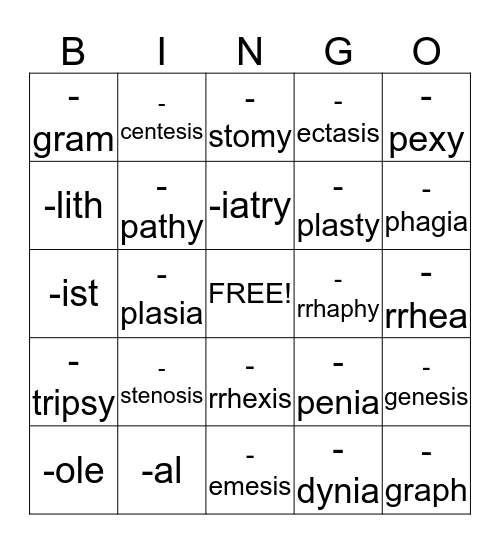 Suffixes Bingo Card