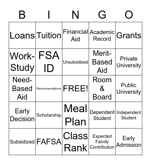 Financial Aid/College Bingo Card